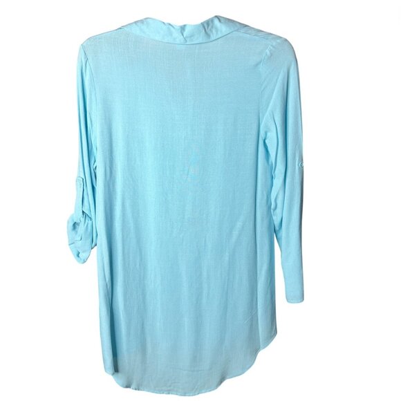 Aqua Blue Popover Tunic Top Split Neck Long Sleeve High Low Hem Rayon Size Small - Picture 3 of 8